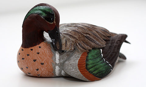 Duck sculpture - Tilted Head Green-winged Teal Drake - side 1